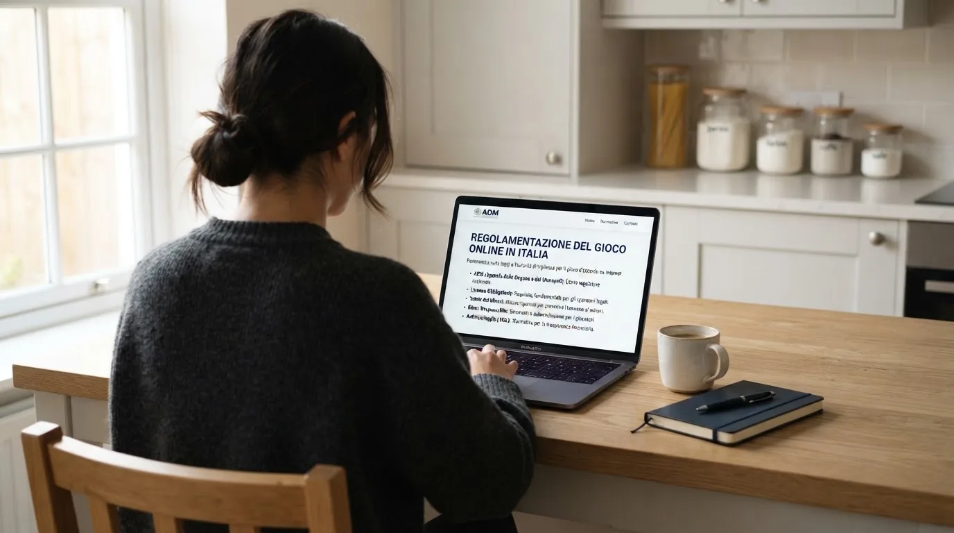 Persona davanti a un portatile che legge una pagina informativa sul gioco online in Italia — 100 giri gratis senza deposito