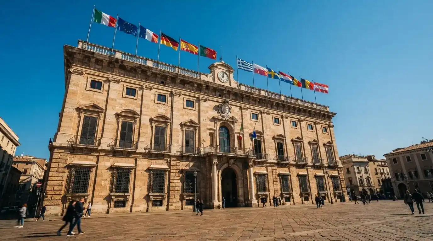 Palazzo istituzionale con bandiere al vento in una piazza soleggiata — 25, 30, 50, 100, 200 giri gratis senza deposito