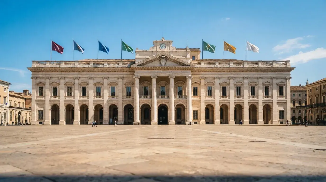 Palazzo istituzionale con bandiere al vento in una piazza soleggiata — 50 free spins senza deposito