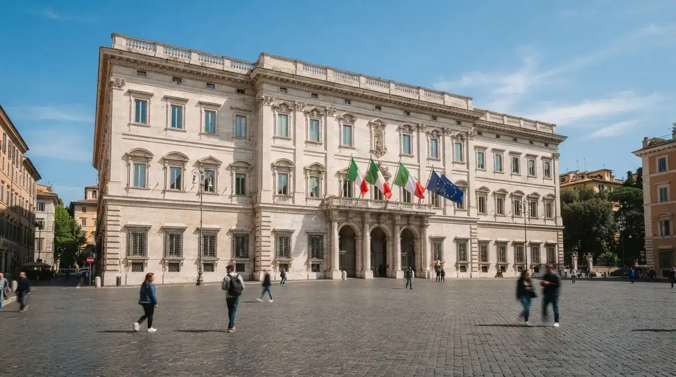 Palazzo istituzionale con bandiere al vento in una piazza soleggiata — big time gaming live casino italia