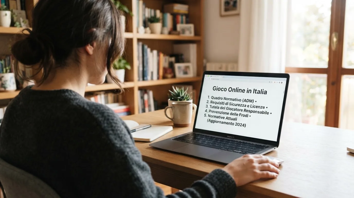 Persona davanti a un portatile che legge una pagina informativa sul gioco online in Italia — casinò che accettano bitcoin