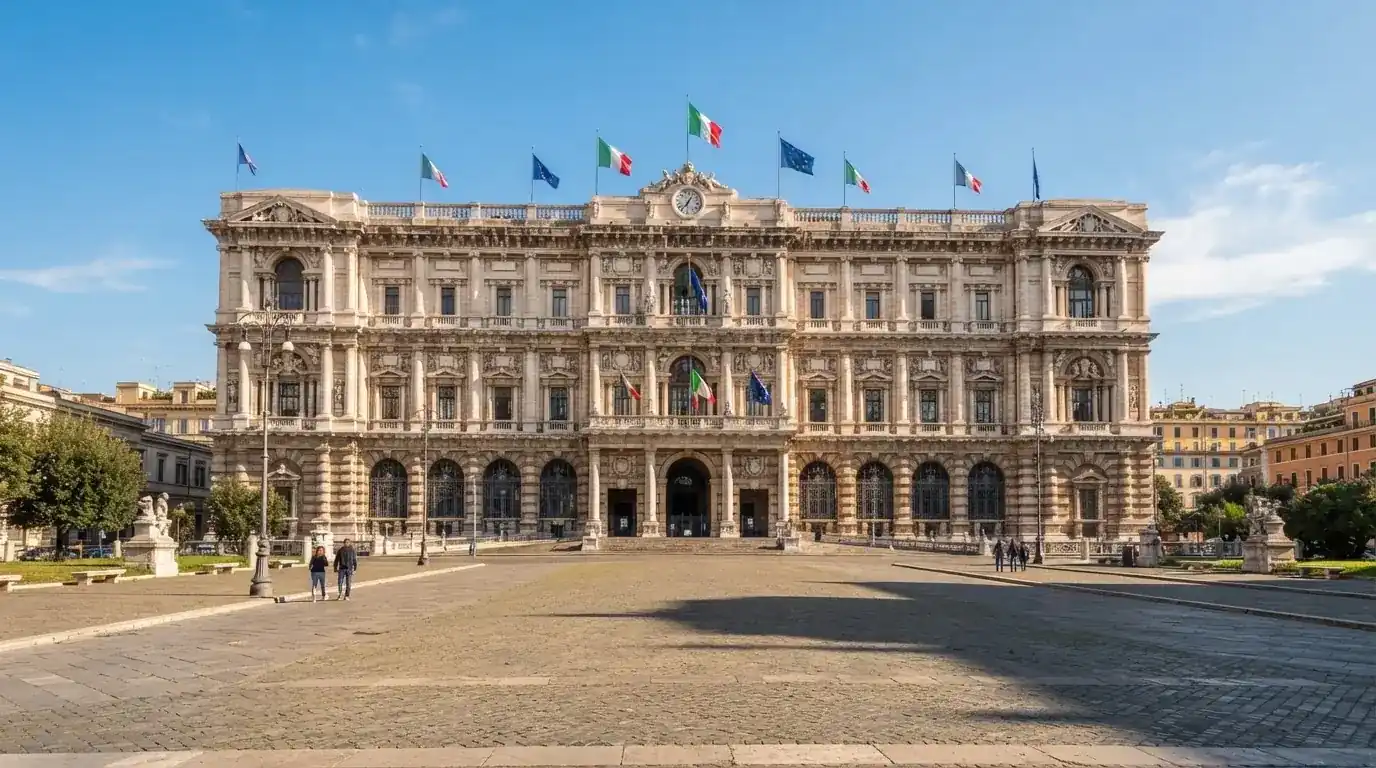 Palazzo istituzionale con bandiere al vento in una piazza soleggiata — casinò che accettano bitcoin