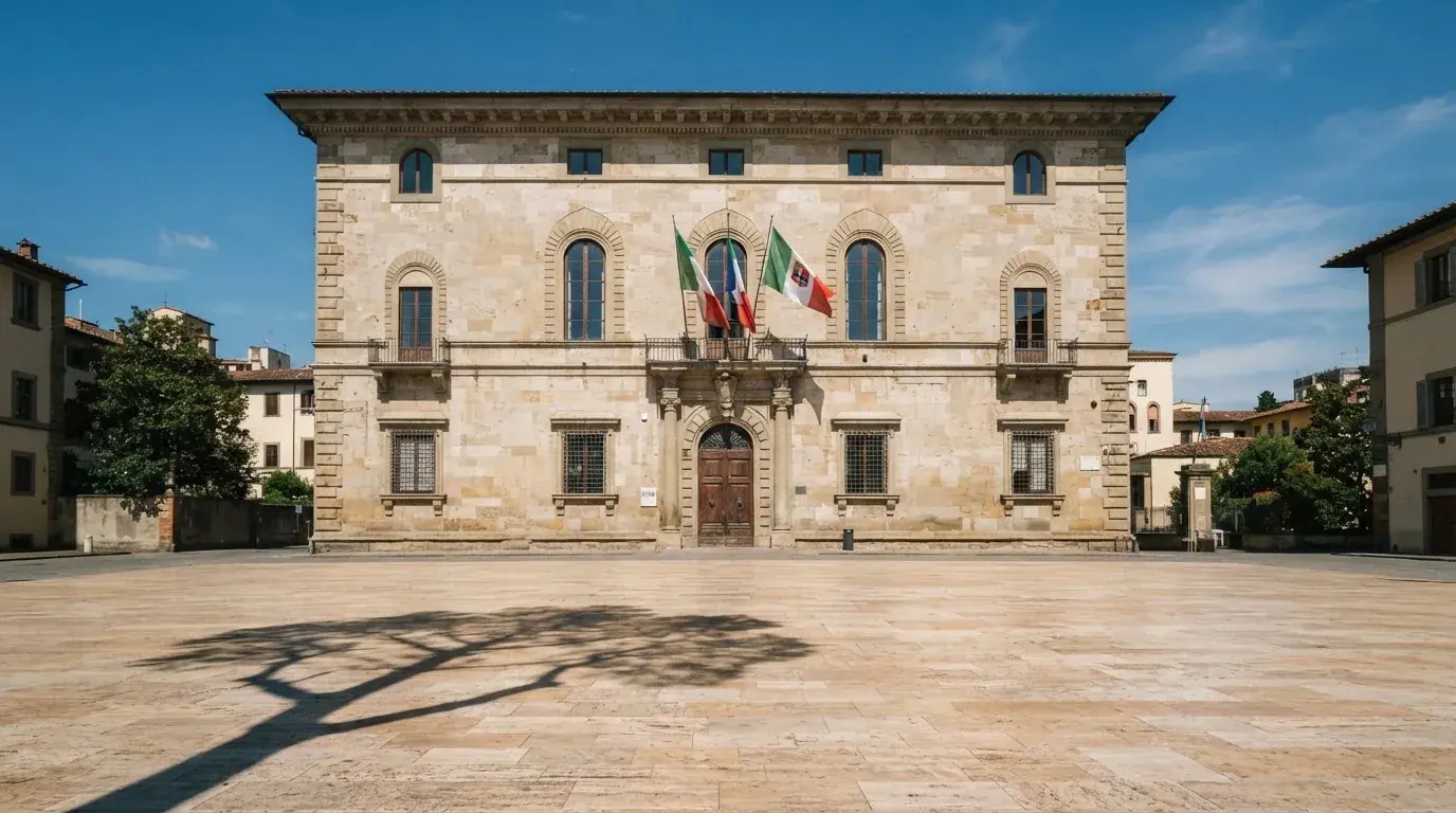 Palazzo istituzionale con bandiere al vento in una piazza soleggiata — casino com app android