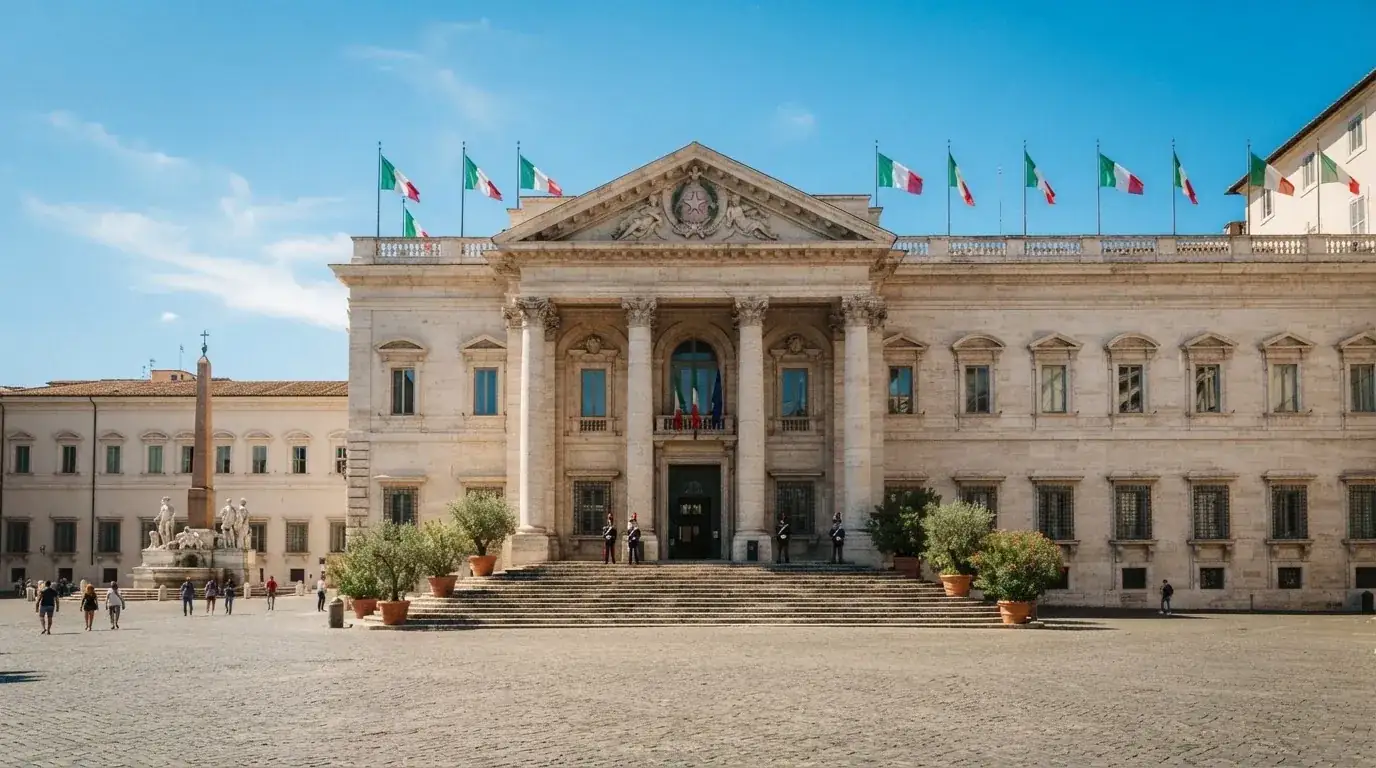 Palazzo istituzionale con bandiere al vento in una piazza soleggiata — casino com app iphone