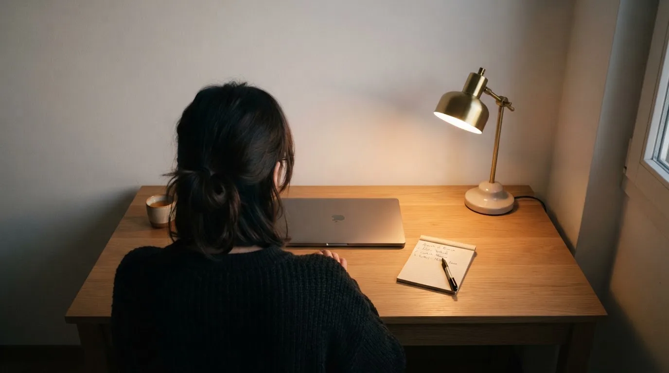 Una persona seduta a una scrivania minimalista con un laptop chiuso e una lampada accesa in un ufficio domestico ordinato.