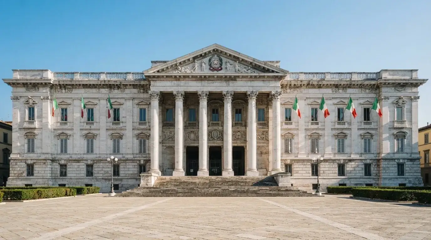 Palazzo istituzionale con bandiere al vento in una piazza soleggiata — casino dal vivo online