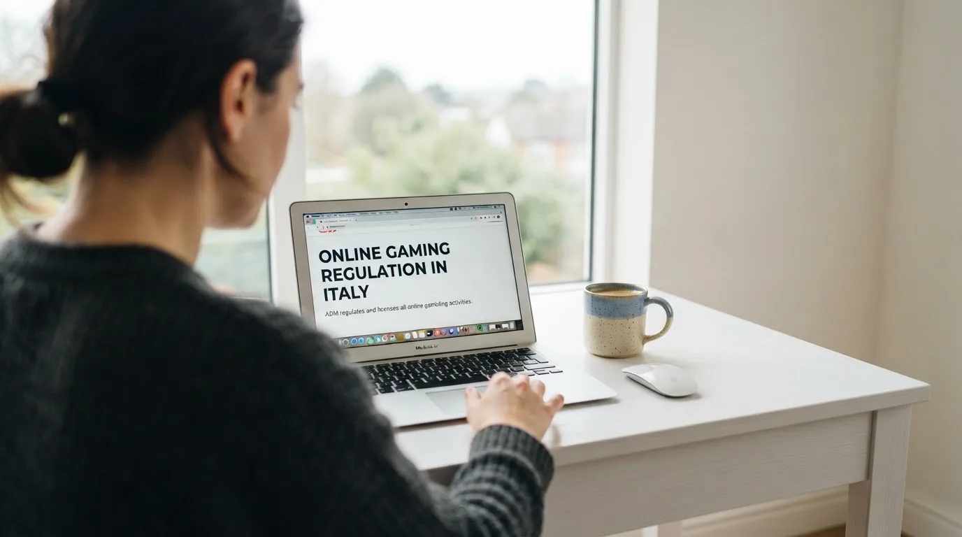 Persona davanti a un portatile che legge una pagina informativa sul gioco online in Italia — casino deposito minimo 1, 5, 10 e 20 euro