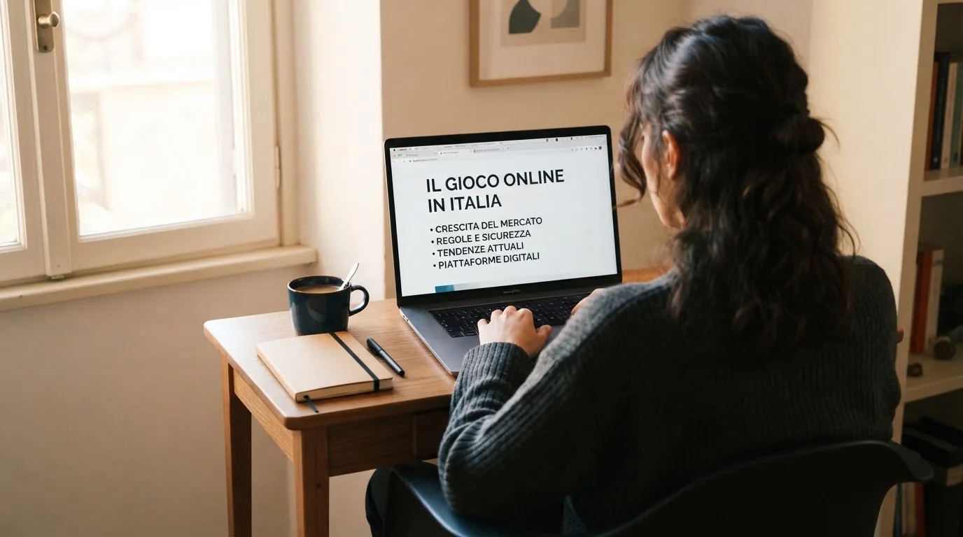 Persona davanti a un portatile che legge una pagina informativa sul gioco online in Italia — casino deposito minimo 1 euro