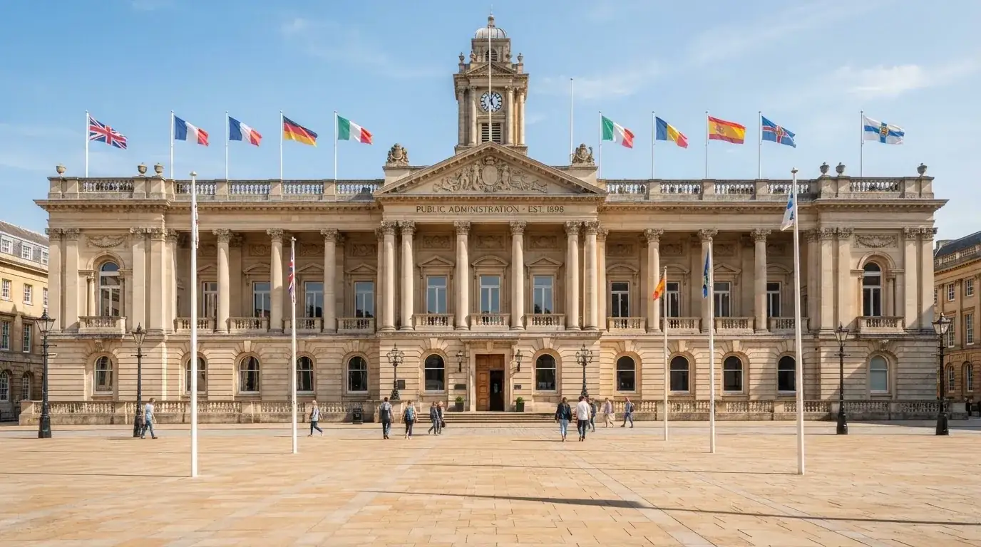 Palazzo istituzionale con bandiere al vento in una piazza soleggiata — casino deposito minimo 1 euro