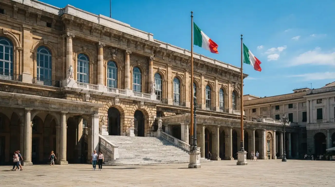 Palazzo istituzionale con bandiere al vento in una piazza soleggiata — casino deposito minimo 10 centesimi