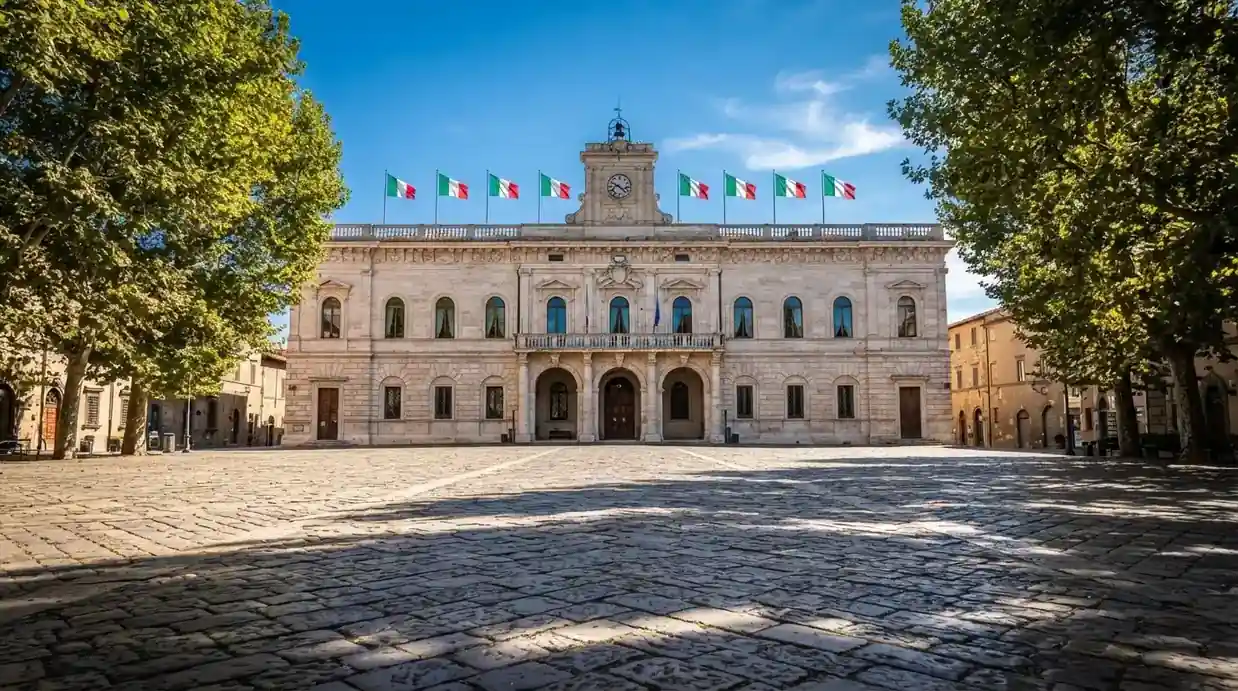 Palazzo istituzionale con bandiere al vento in una piazza soleggiata — casino metodi di pagamento italia