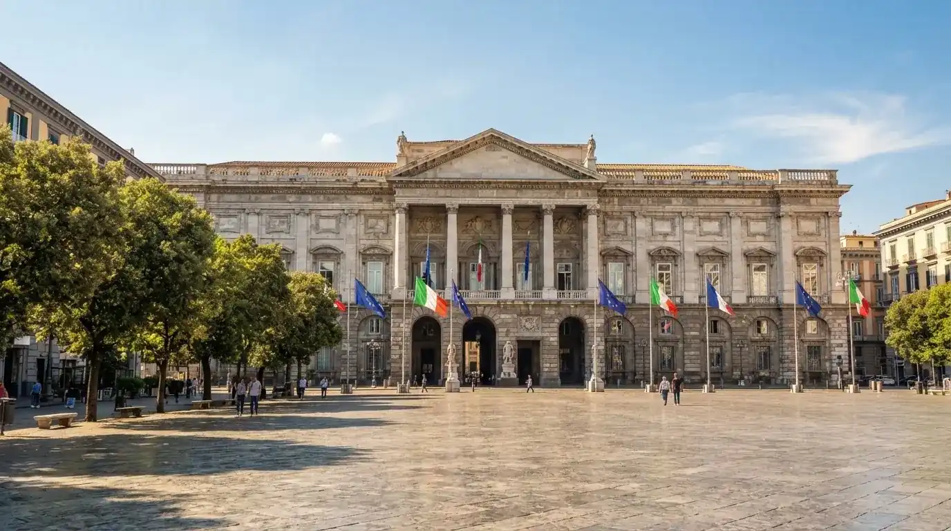 Palazzo istituzionale con bandiere al vento in una piazza soleggiata — casino non aams affidabili