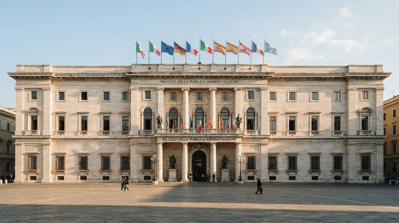 Palazzo istituzionale con bandiere al vento in una piazza soleggiata — casinò non aams che accettano dogecoin