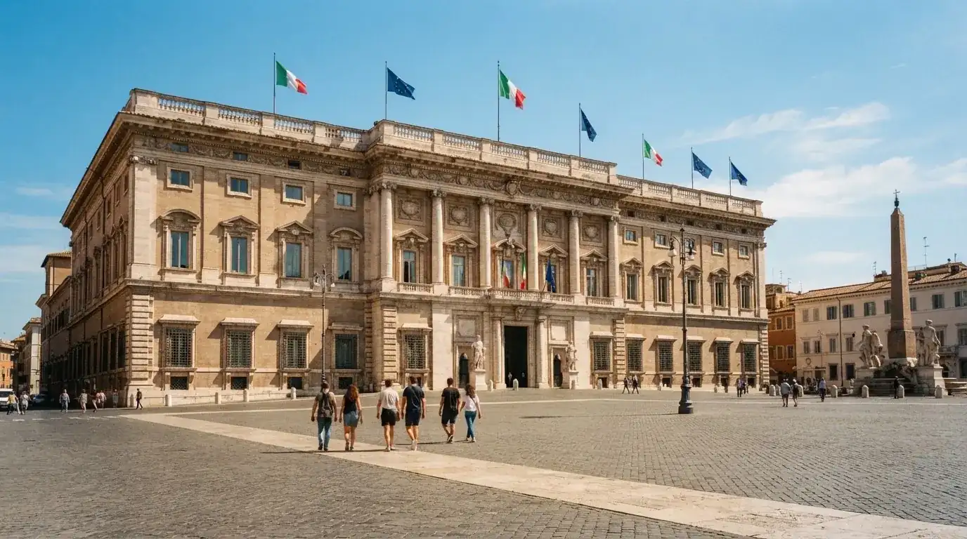 Palazzo istituzionale con bandiere al vento in una piazza soleggiata — casino non aams che accettano postepay