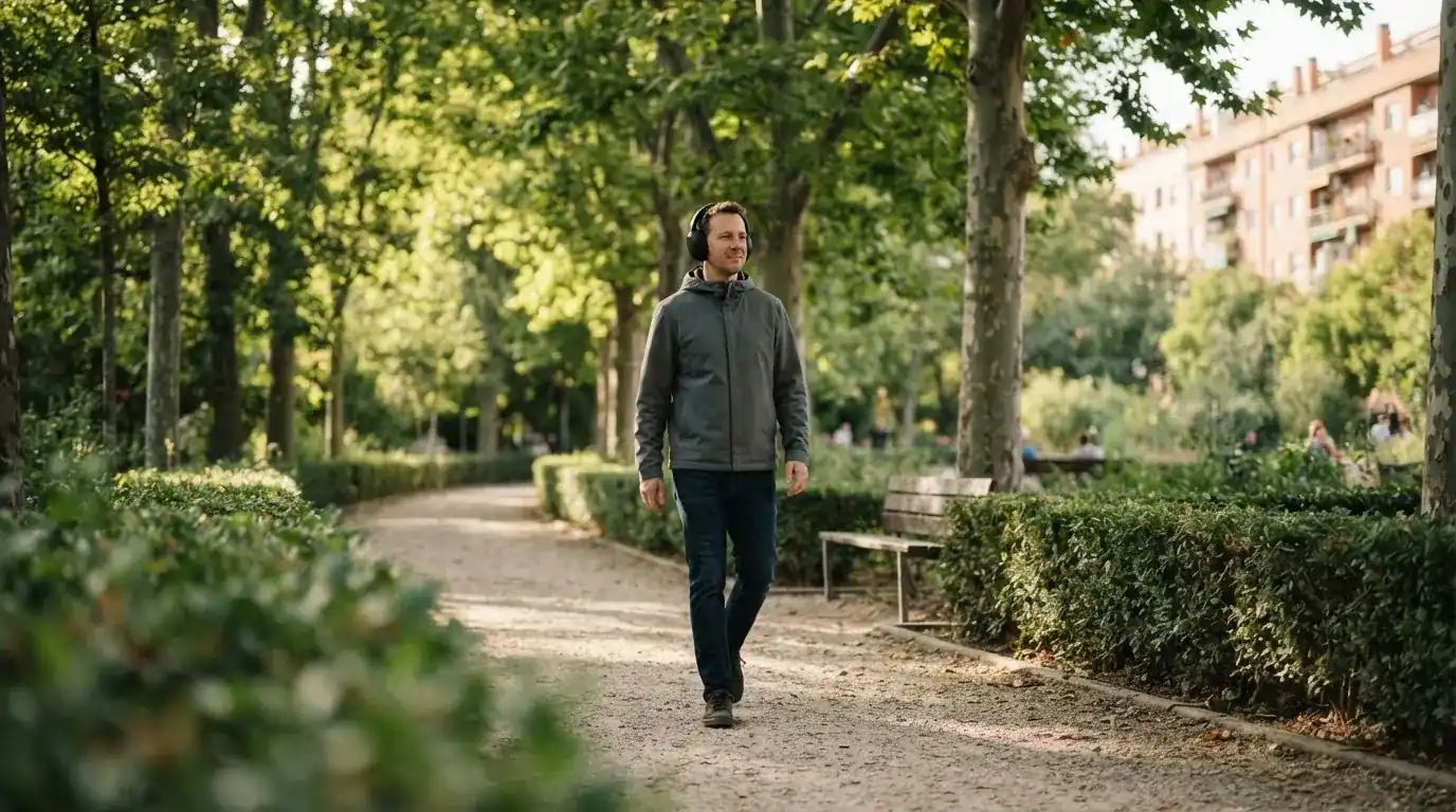 Un uomo cammina all'aperto in un parco cittadino indossando cuffie, lontano da qualsiasi dispositivo elettronico acceso.