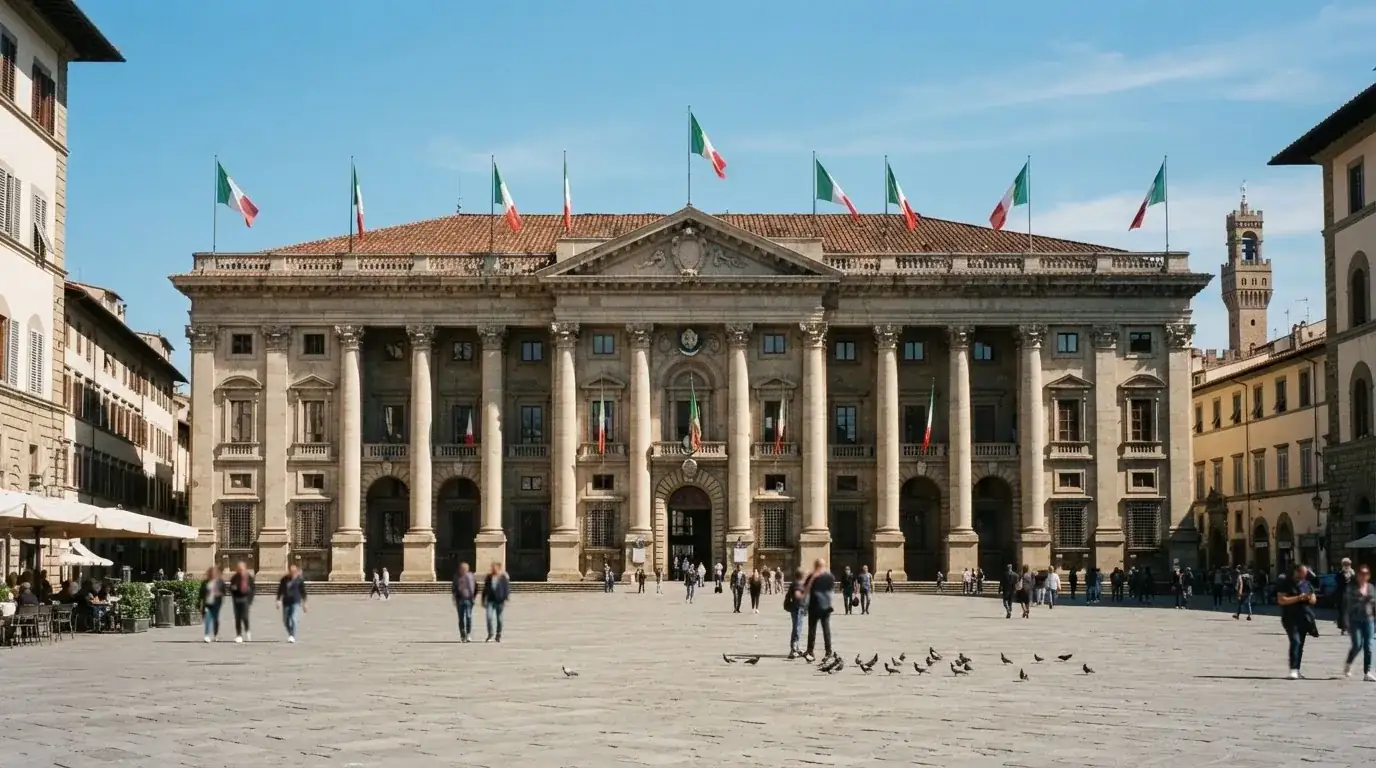 Palazzo istituzionale con bandiere al vento in una piazza soleggiata — casino online con algoritmo unbiased