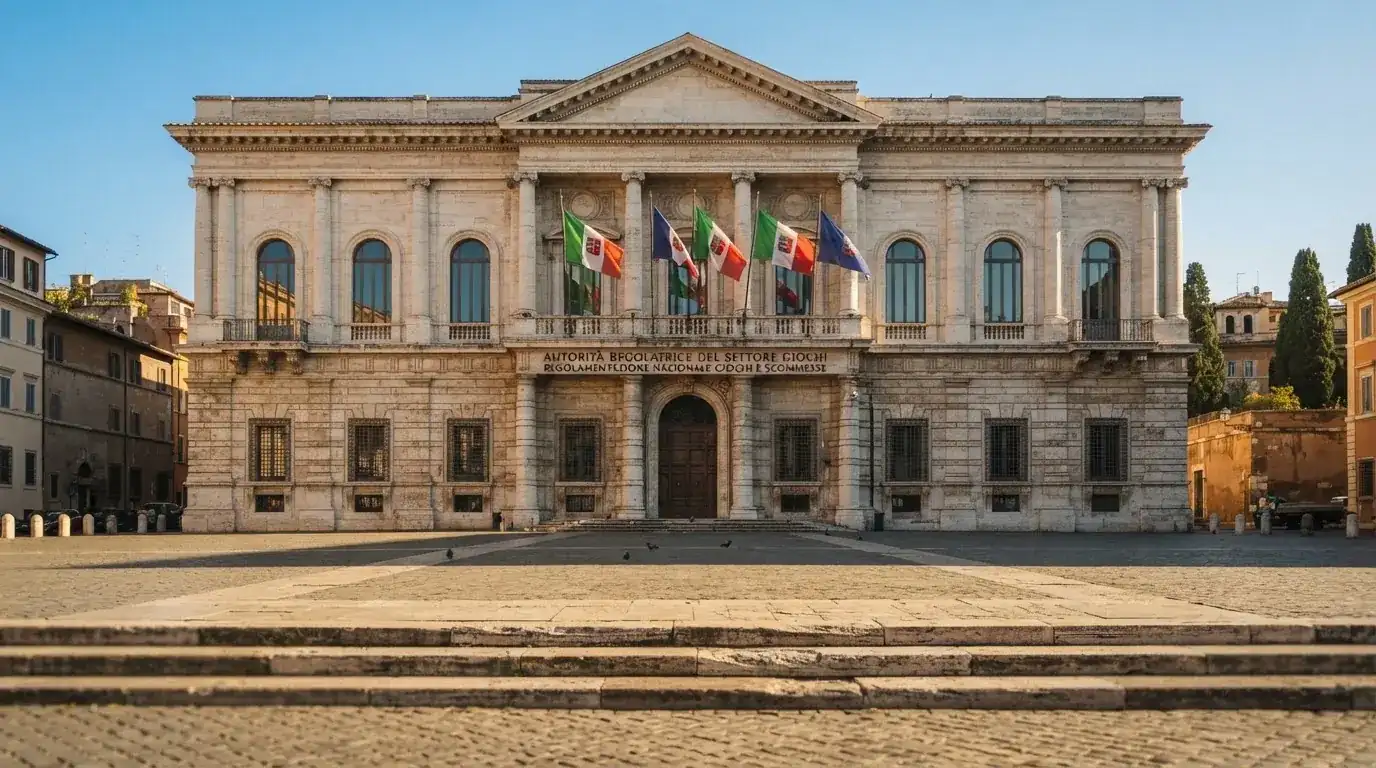 Palazzo istituzionale con bandiere al vento in una piazza soleggiata — casino online con bonus crab