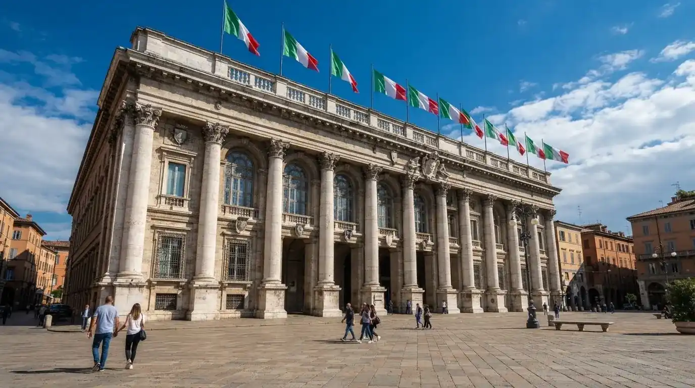 Palazzo istituzionale con bandiere al vento in una piazza soleggiata — casino online italiani senza autoesclusione