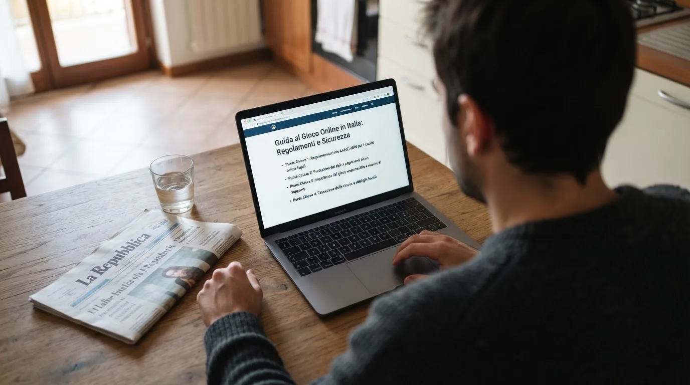 Persona davanti a un portatile che legge una pagina informativa sul gioco online in Italia — casino online senza registrazione