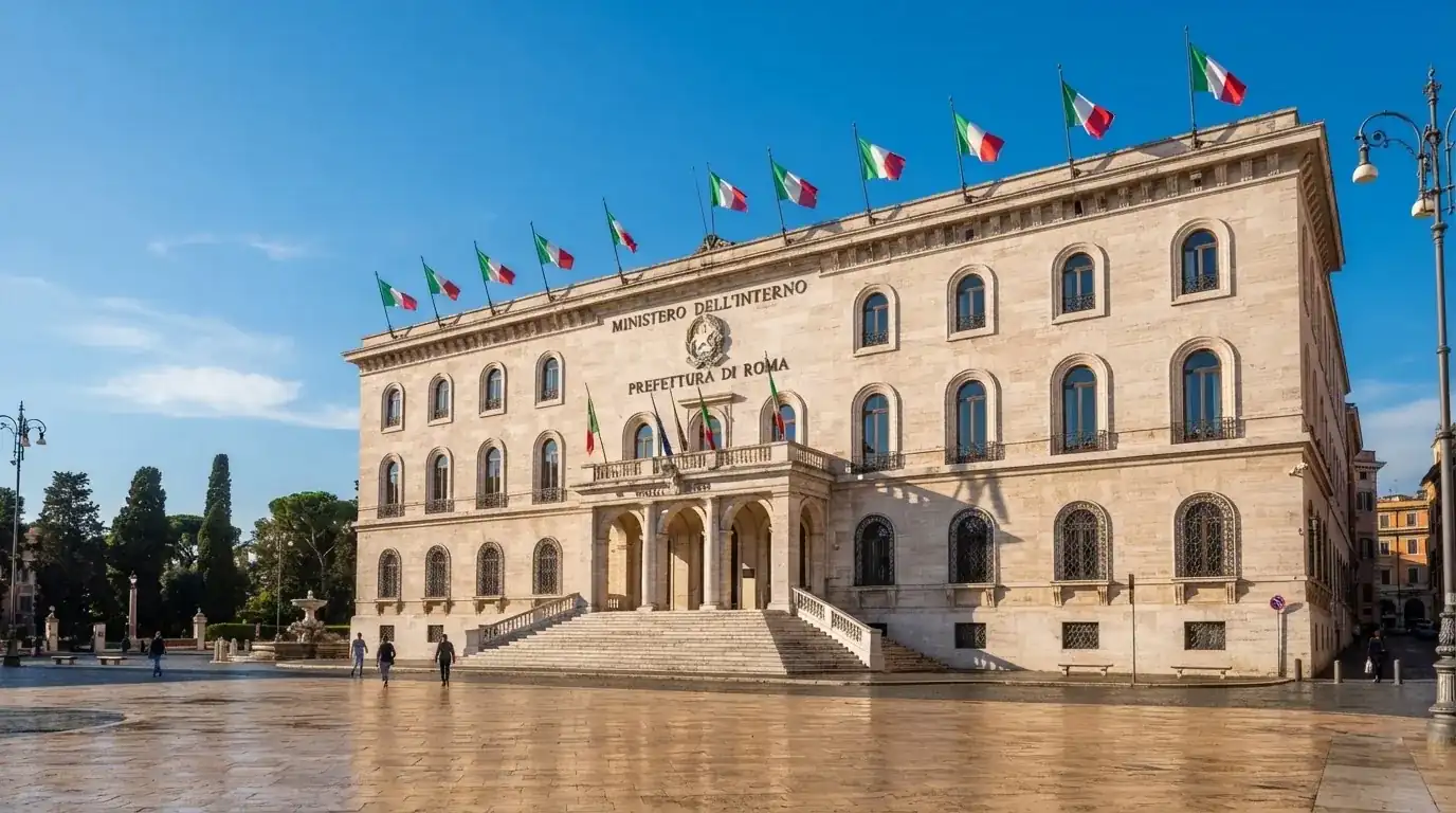 Palazzo istituzionale con bandiere al vento in una piazza soleggiata — casino online senza registrazione