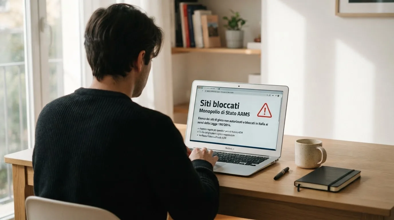 Persona davanti a un portatile che legge una pagina informativa sul gioco online in Italia — casino senza codice fiscale