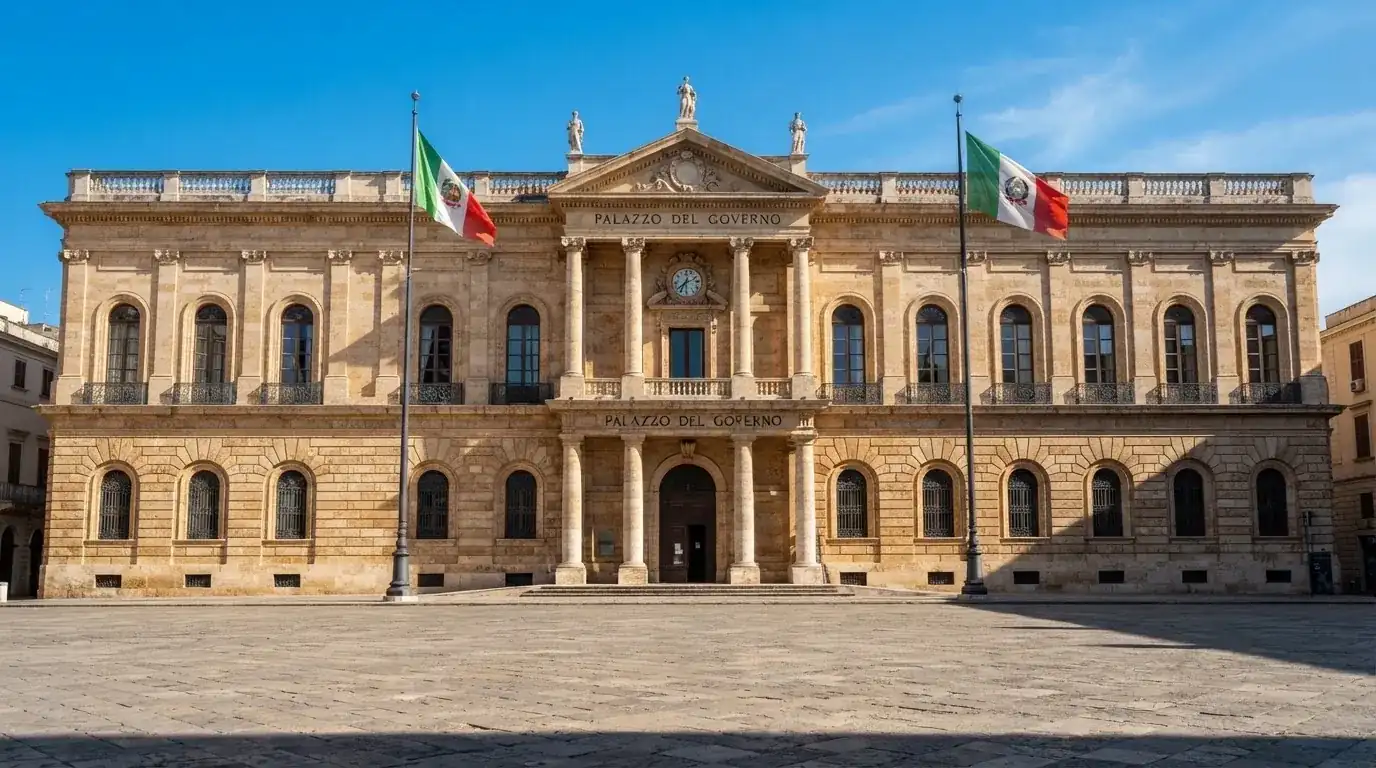 Palazzo istituzionale con bandiere al vento in una piazza soleggiata — casinò slot machines con rtp alto